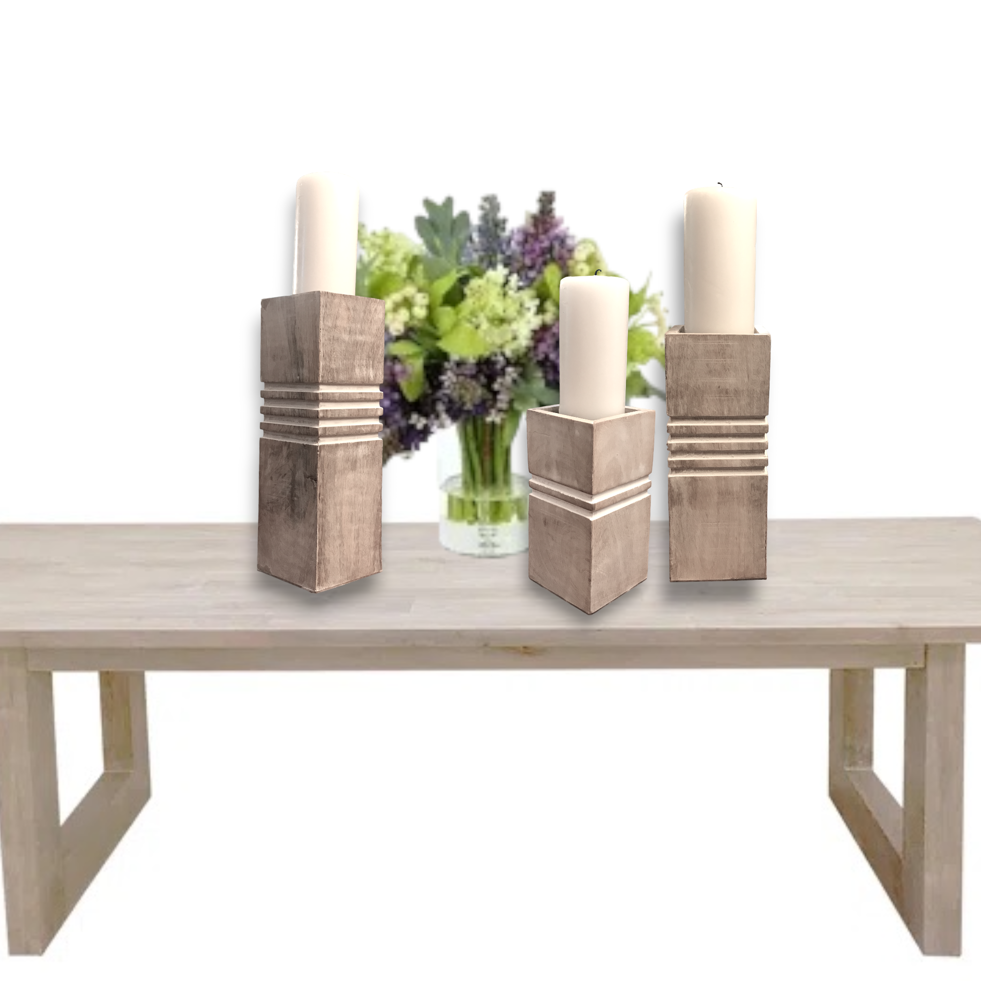 Set of 3 Mango Wood Cubic Pillar Candle Holders